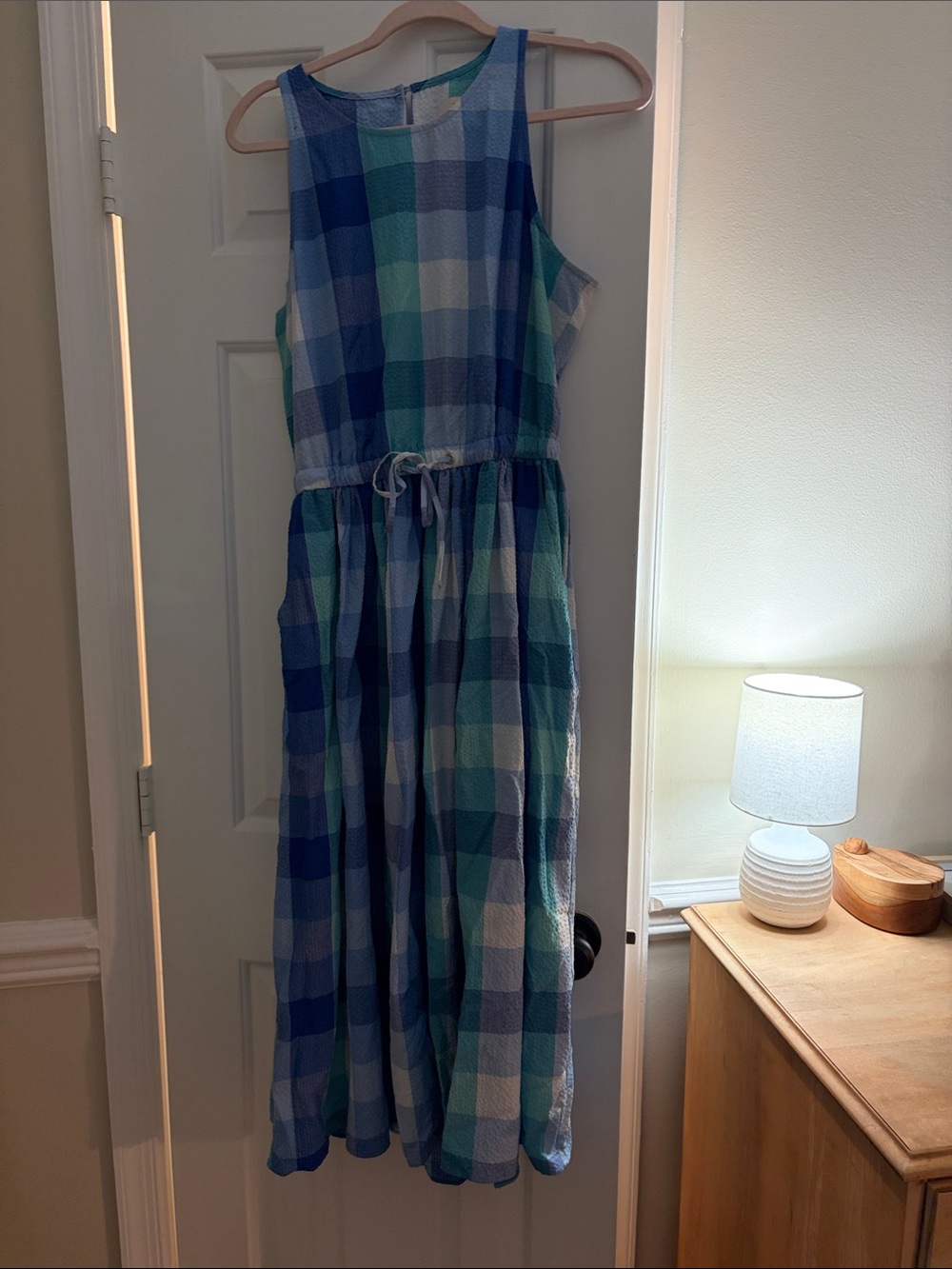 Women’s LOFT Sleeveless Blue Plaid Drawstring Waist Dress